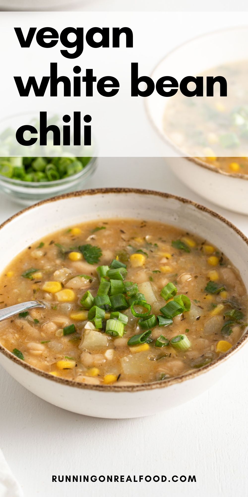 Pinterest graphic with an image and text for white bean vegan chili.