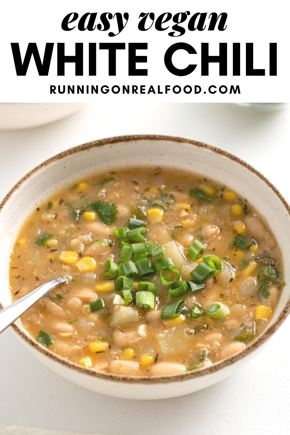 Pinterest graphic with an image and text for white bean vegan chili.